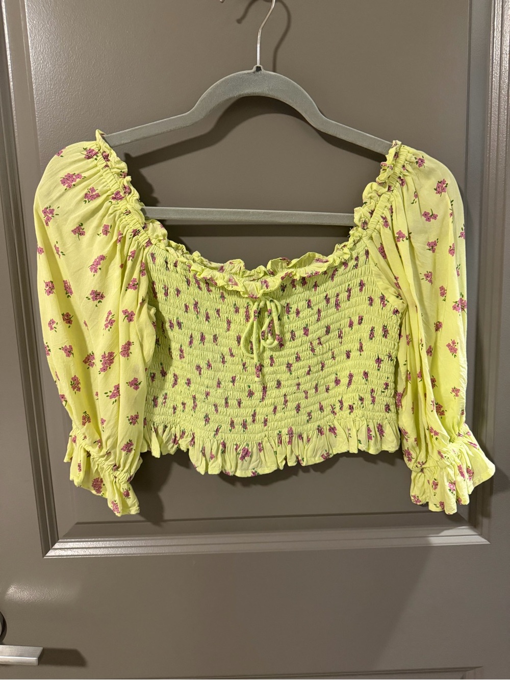 Faithfull the Brand Yellow Smocked Off-Shoulder Crop Top with Pink Floral